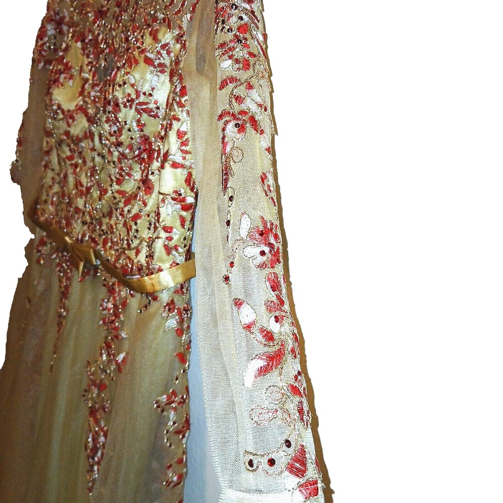 SPECIAL OCCASION Embroidered Red Rhinestone Women Long Dress Gown 18 Sheer Nude - Picture 5 of 14